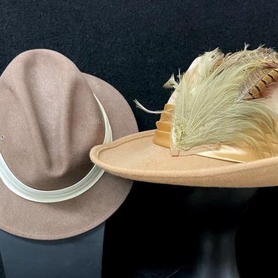 Vintage Brown Wool Felt Fedora and Feathered Cloche Hat