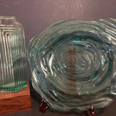 Art Deco Green Glass Vase And Decorative Plate