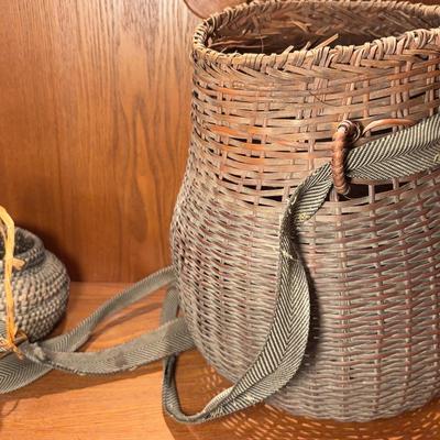 Asian Woven Basket With Attached Companion Basket