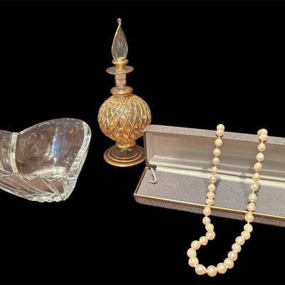 Pearl Necklace, Hand Blown Glass Perfume Bottle And Heart  Bowl