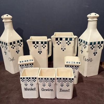 Antique German Blue & White Porcelain Spice Canisters, Oil Cruet and More