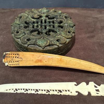 Carved Stone Lidded Box, Elephant Letter Opener And Carved Bone