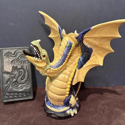 Chinese Carved Dragon Duan Ink Stone & Winged Dragon Figurine & 