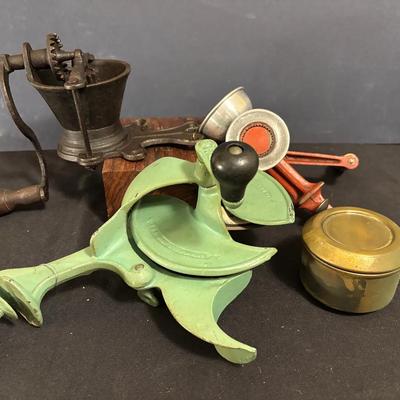 Antique Grinders, Meat Slicer And Tea Strainer