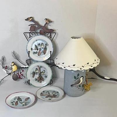 Chickadee Bird Lamp, Decorative Plates With Hanger And Wall Decor