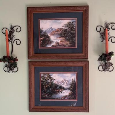Home Interiors Framed Prints of Bears and Mountains (2) with Sconces (2)