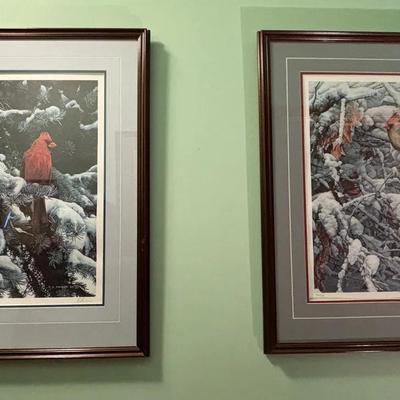 Framed Numbered Prints "Cardinal in Blue Spruce" and "Cardinal in Brambles" by Ron Parker (1986)