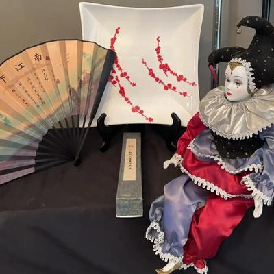 Elegant Asian Fan, Porcelain Plate, Calligraphy Set & Harlequin Doll Collection