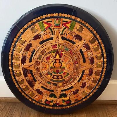 Wood Aztec Mayan Mexican Calendar Hand Carved Inlay Mosaic