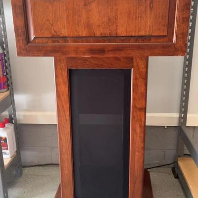 Wood Podium with Gooseneck Microphone and Storage Cabinet