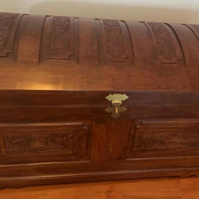 Carved Wooden Storage Chest With Brass Accents