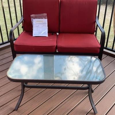 Outdoor Patio Loveseat with Red Cushions & Glass-Top Table
