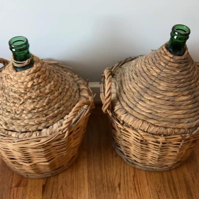 Pair of Vintage Wicker-Wrapped Glass Demijohn Bottles