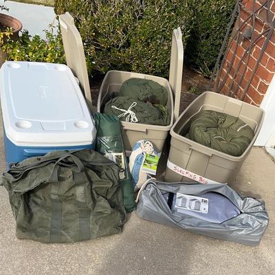 Outdoor Gear Collection Featuring Sleeping Bags, Cooler & Pop-Up Shelter