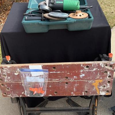 Hitachi Angle Grinder with Attachments & Folding Work Bench. 