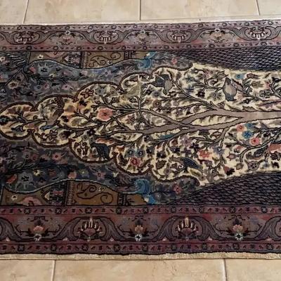 Teal & Pink Pakistani Silk Rug with Birds & Tree Design