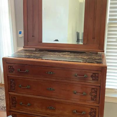 Vintage Wooden Dresser with Marble Top & Mirror