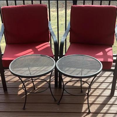 Pair of Black Metal Patio Chairs & Matching Round Side Tables
