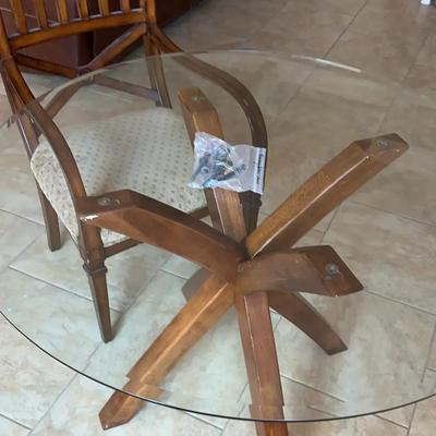 Glass-Top Dining Table With Wooden Base & Chair