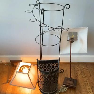 Metal Wine Rack, Decorative Metal Basket & Two Wall Lamps