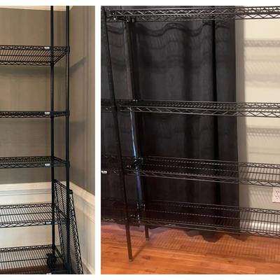 Three Uline Black Metal Shelving Units – Rolling & Attached Pair