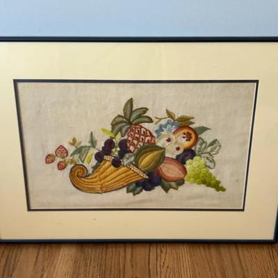 Vintage Crewel Embroidery Cornucopia Fruit Artwork
