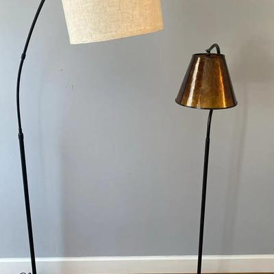 Pair of Metal Base Floor Lamps Featuring Extendable Fabric Shade Lamp & Metallic Foil Shade Lamp