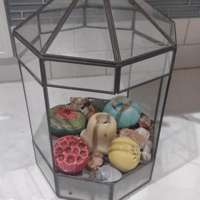 Glass Terrarium With Ceramics, Shells And Other Contents 
