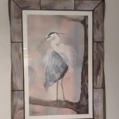 Great Blue Heron Print Mounted In stained glass frame