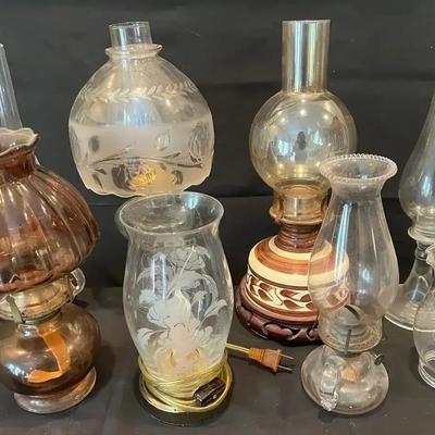 Collection of Kerosene and Hurricane Glass Lamps with Chimneys