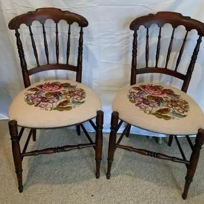 Pair of Vintage Spindle-Back Chairs with Floral Needlepoint Seats