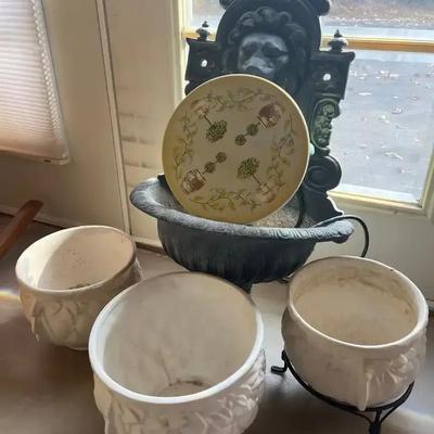 Lion Head Wall Fountain with McCoy Quilted Planters and Hand-Painted Step Stool