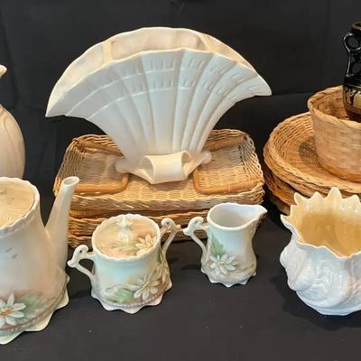 Floral Tea Set, Ceramic Vases, and Woven Kitchen Baskets