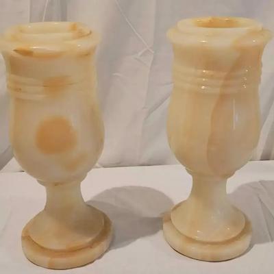 Pair of Carved Alabaster Pedestal Vases