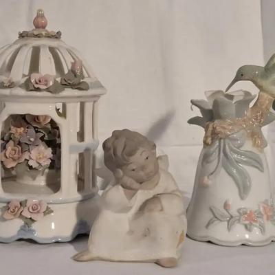 Porcelain Hummingbird & Birdcage Music Boxes with Angel Figurine