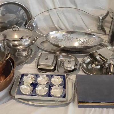 Collection of Stainless Steel, Copper & Silver Plate Serving Pieces