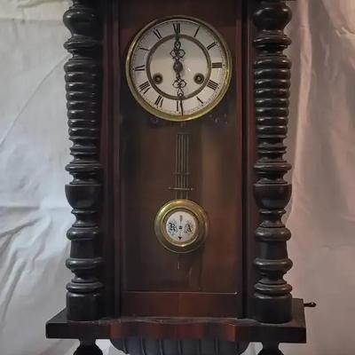 German Wall Clock with Turned Columns & Brass Pendulum