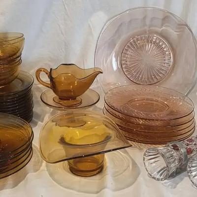 Amber & Pink Glassware Collection with Serving Pieces