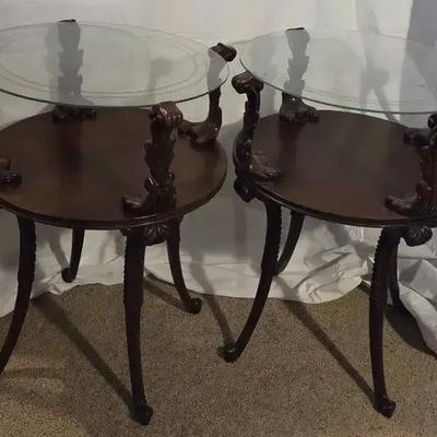 Pair of Carved Wooden Round Tables with Glass Tops