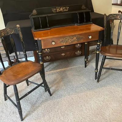 Mid-Century Hitchcock Black Harvest Stenciled Writing Desk with Matching Chairs