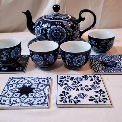 Pier 1 Mandarin Blue & White Porcelain Tea Set with Cups & Coasters