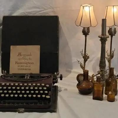 Remington Portable Typewriter with Vintage Lamps & Amber Bottles