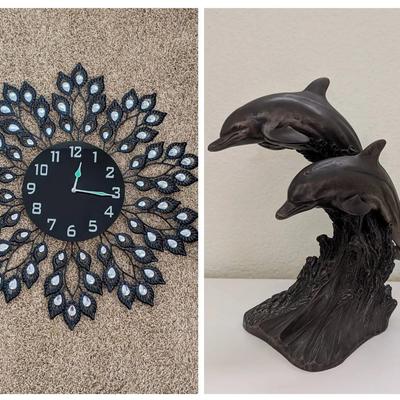Lulu Decor Crystal Metal Black Leaf Wall Clock & Heredities Bronze Free Spirits Dolphin Statue