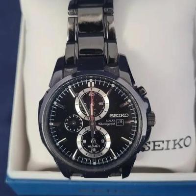 Seiko Men's Solar Chronograph Water Resistant 10M Black Ion Steel Watch