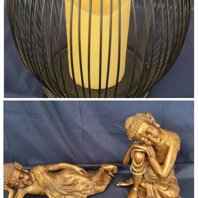 Decorative Candle Holder & Battery Operated Candle & Set Of 2 Relaxing Buddha Statues 