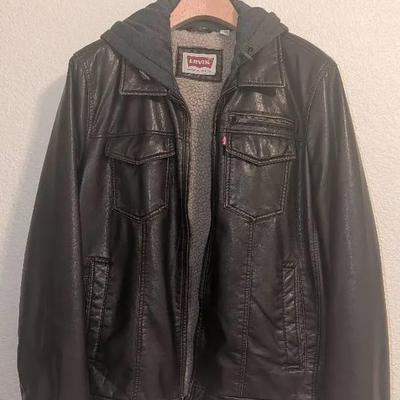 Men's Hooded Black Faux Leather Sherpa Lined Jacket (Size L)