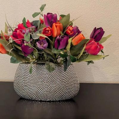 Faux Silk Floral Tulip Arrangement In a Silver Vessel Vase