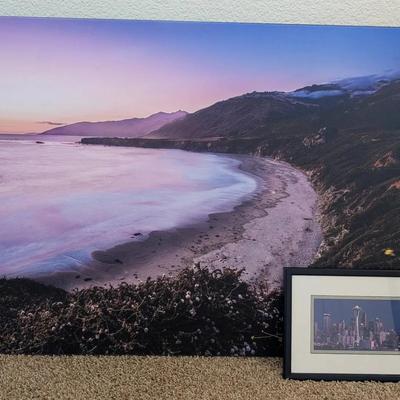 Sunset Beach Printed Canvas  36"  x 23-1/2" & Seattle Skyline At Night Framed Print approx 8"x14"