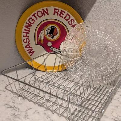 Vintage 14" Washington Redskins Metal Serving Tray, Clear Plastic Platter, Metal Dish Drainer