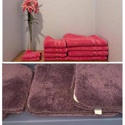 Lacoste Pink Towel Set (10 Pc), Glass Vase w/ Silk Lilies & 4 Purple Bath Rugs By Charter Club 